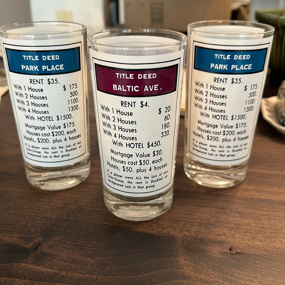3 Vintage Monopoly Title Deed Drinking Glasses